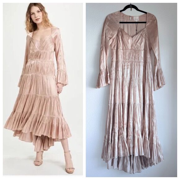 NWT Cinq à Sept Nina Tiered Satin Long Sleeve Midi Dress in Travertine Pink Sz 0